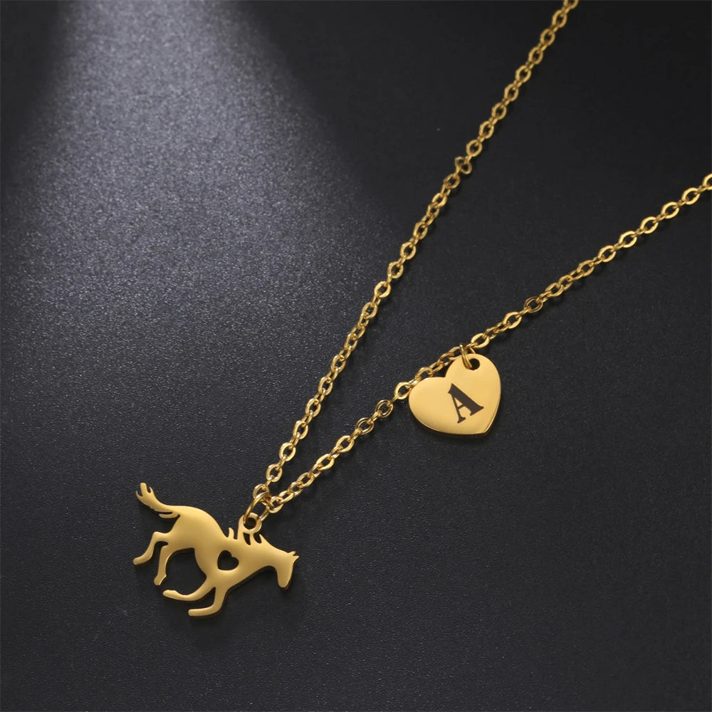 Horse & Initial Heart Necklace — Stainless Steel