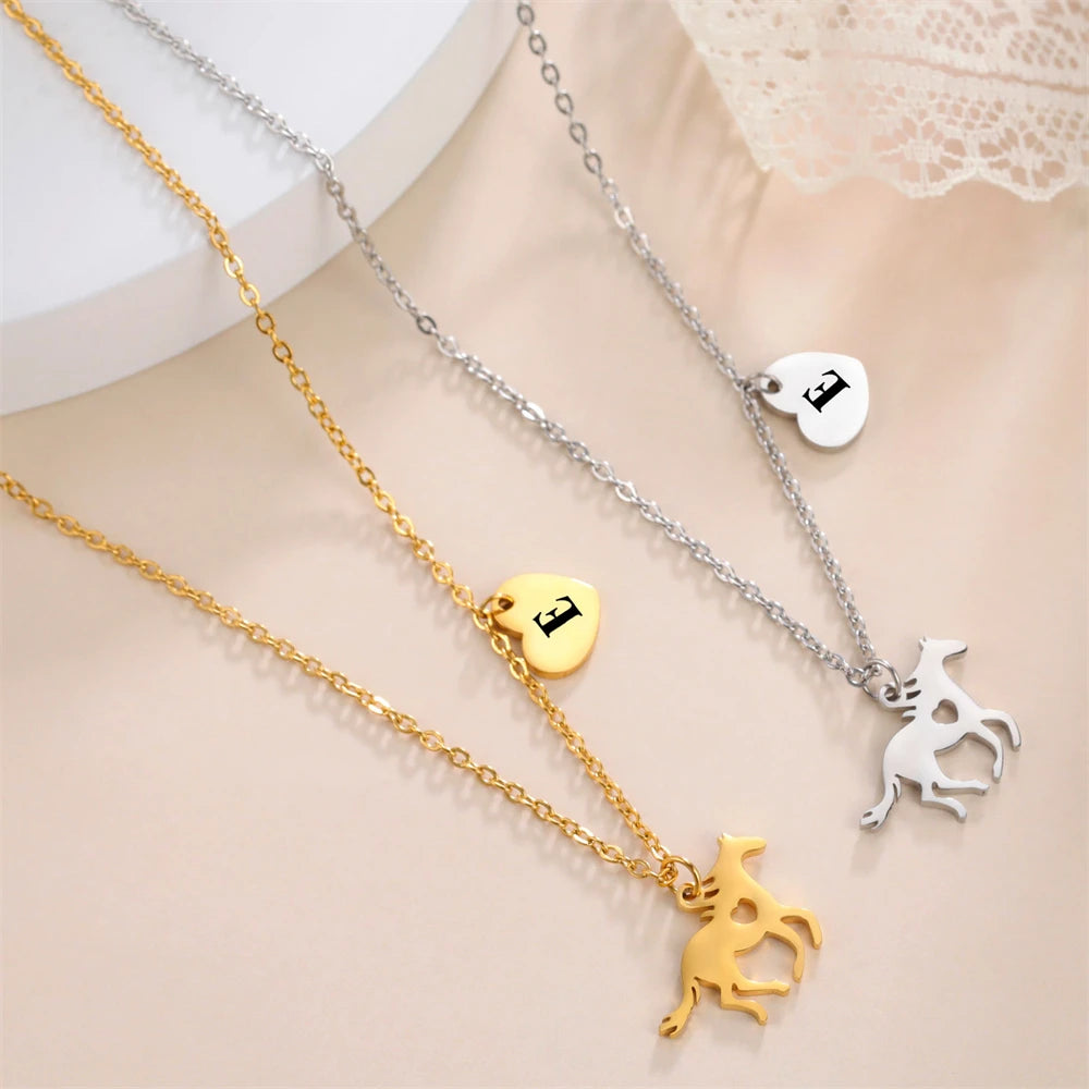 Horse & Initial Heart Necklace — Stainless Steel