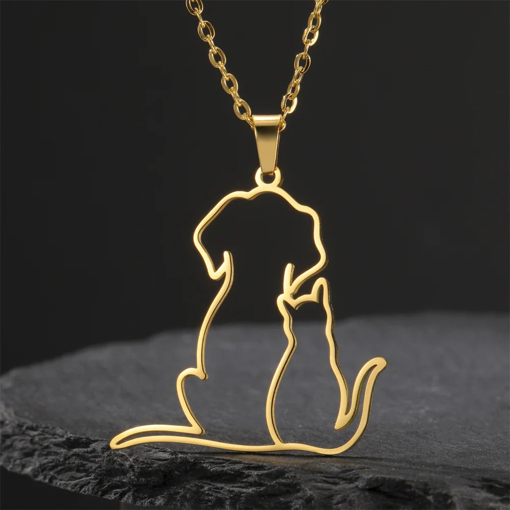 Puppy & Kitten Hug Necklace — Stainless Steel