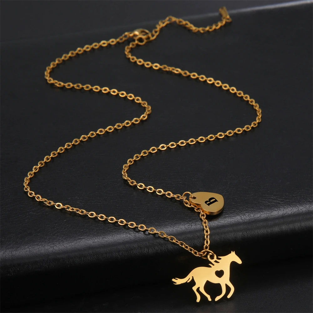 Horse & Initial Heart Necklace — Stainless Steel