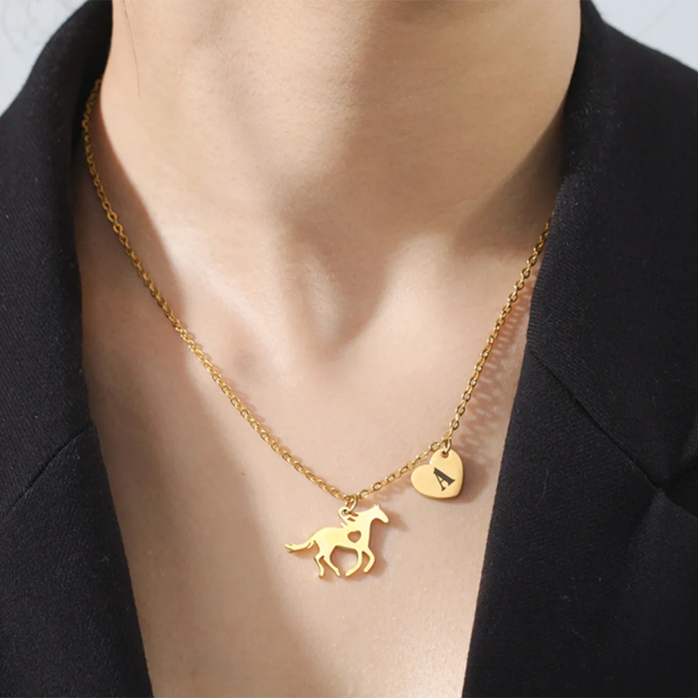 Horse & Initial Heart Necklace — Stainless Steel