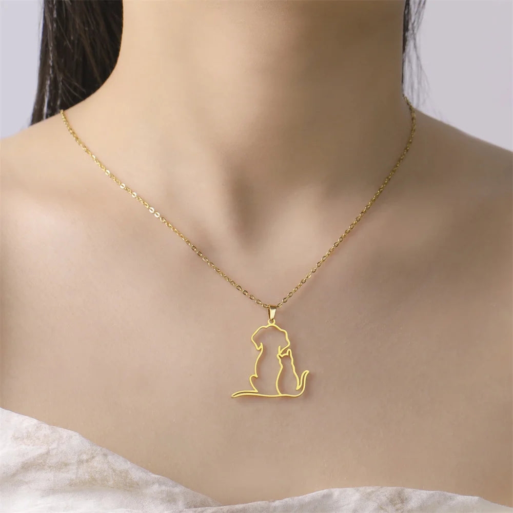 Puppy & Kitten Hug Necklace — Stainless Steel